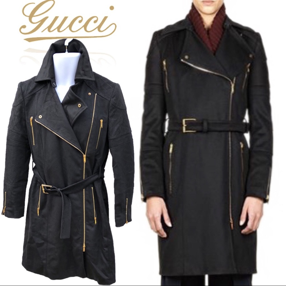 🆕 GUCCI CASHMERE WOOL COAT Black with gold accents size 42
